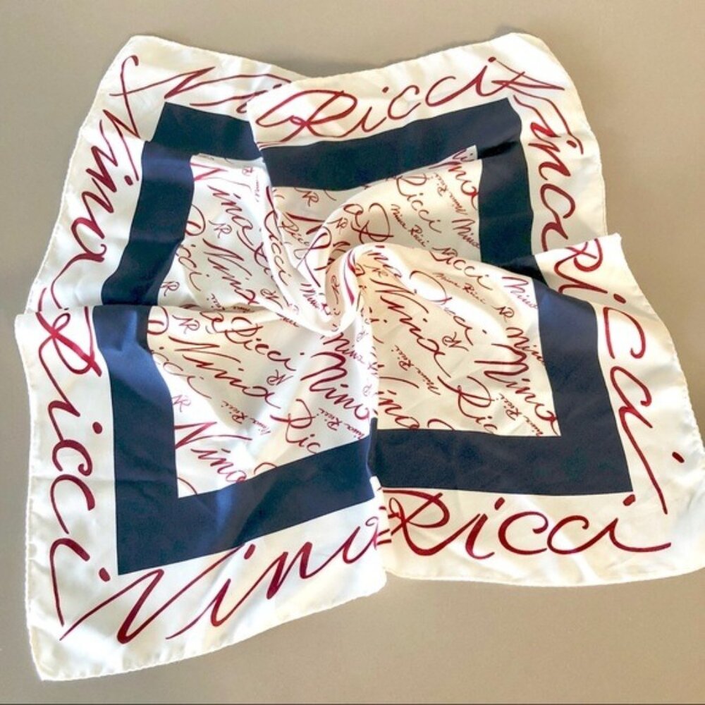 NINA RICCI Silk Vintage Ivory Red Navy Border Square Scarf with Logo Writing